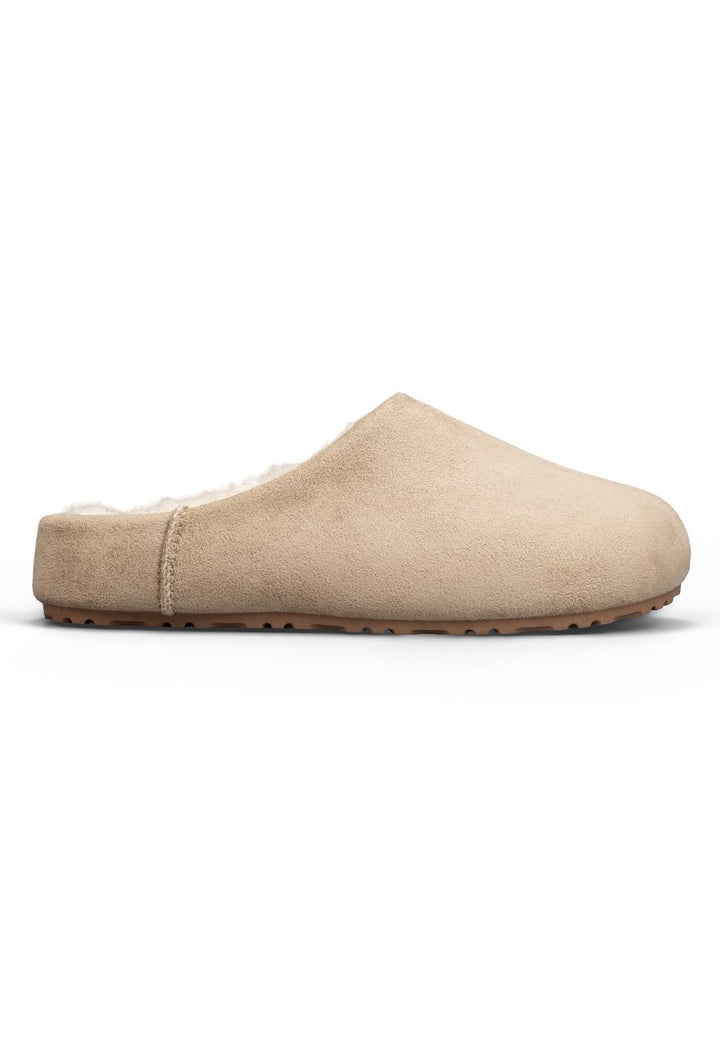 Mules fourrées en suédine à bout rond - TAUPE