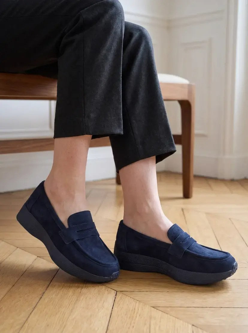 Mocassin Plateforme Daim - BLEU MARINE