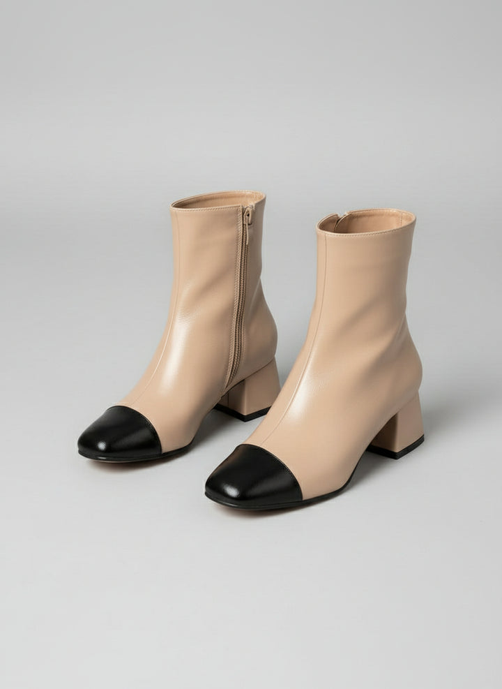 Bottines à talon carré noir et beige 5 cm – Maison de Mode Maroc