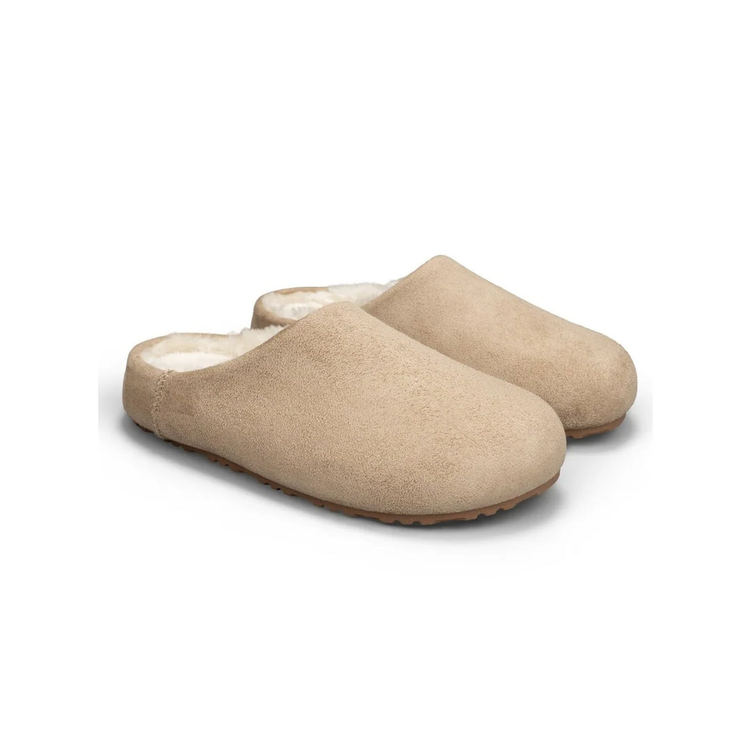 Mules fourrées en suédine à bout rond - TAUPE