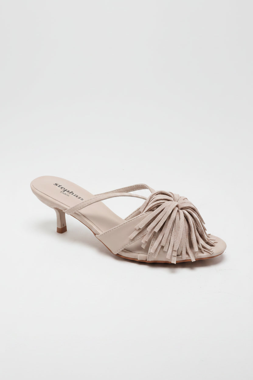Mules à franges beiges à talon 4 cm pour femme – Maison de Mode Maroc