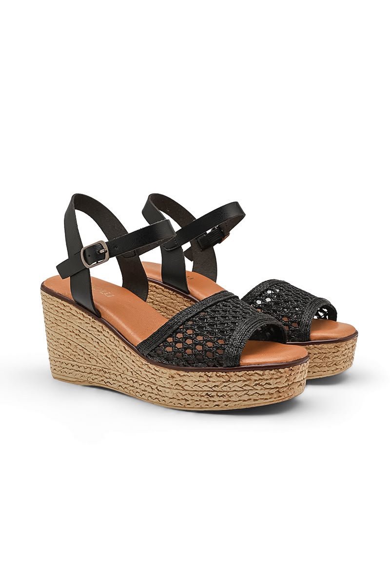 Sandales Compensées à brides en maille tressée - Noir