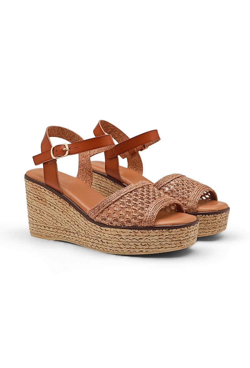 Sandales Compensées à brides en maille tressée - Camel