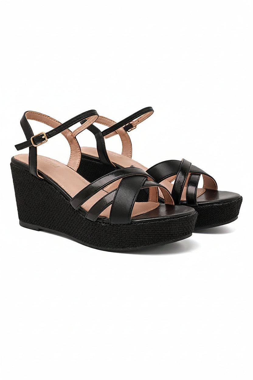 Sandales compensées noires à brides croisées 9 cm – Maison de Mode Maroc