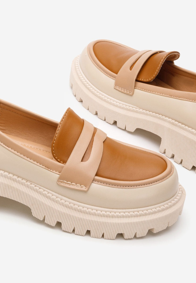 MOCASSINS CUIR BI-COLOR - CAMEL